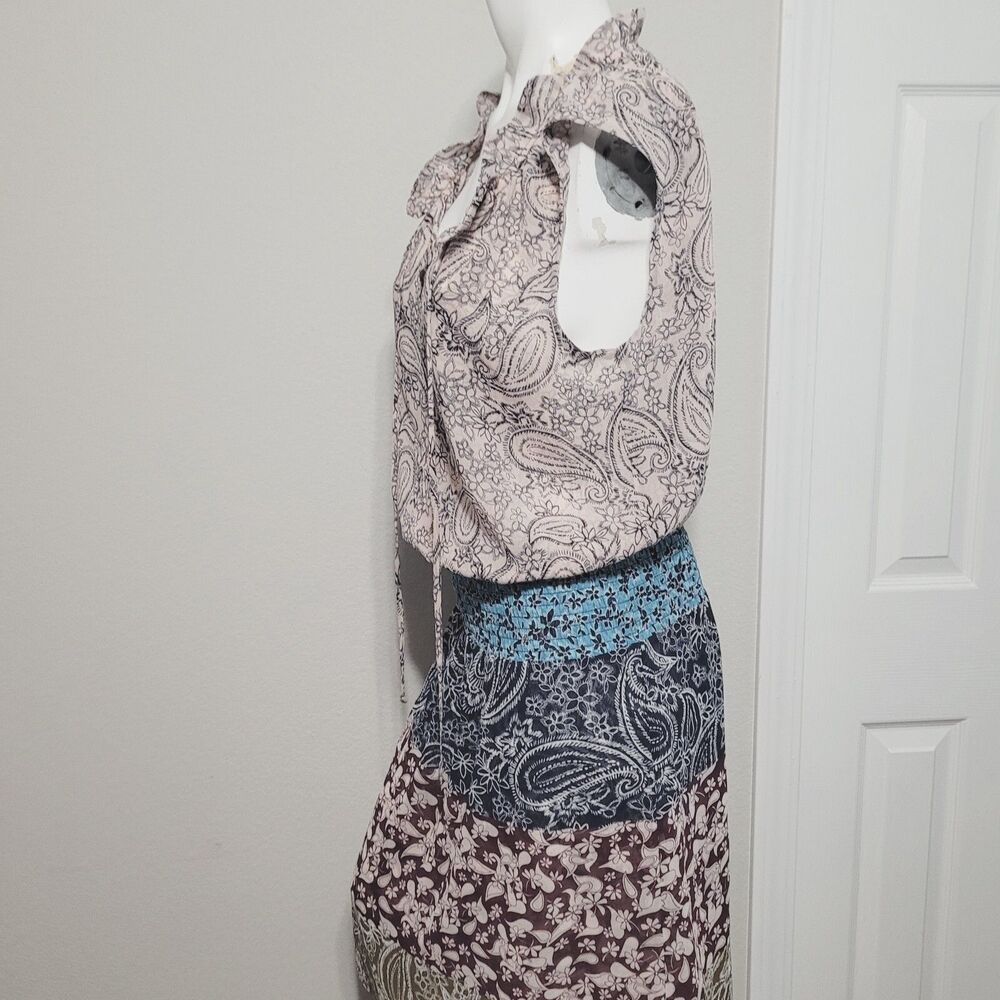 Cabi Small dress sheath v-neck tie collar flower paisley stretch elastic waist - Picture 5 of 13